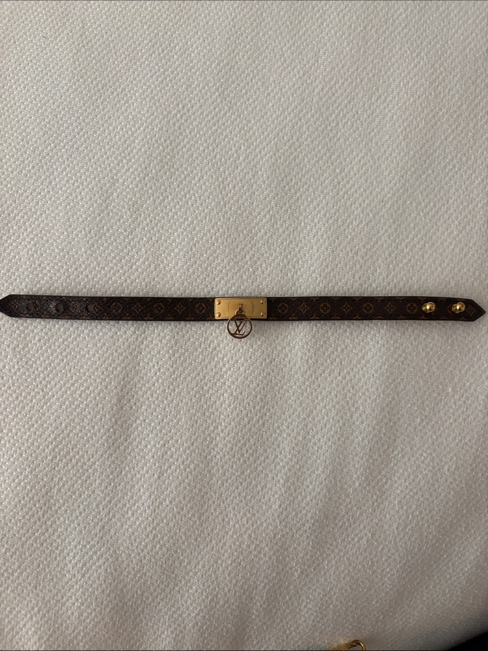 Louis Vuitton Brown Monogram Leather Bracelet with Gold Charm